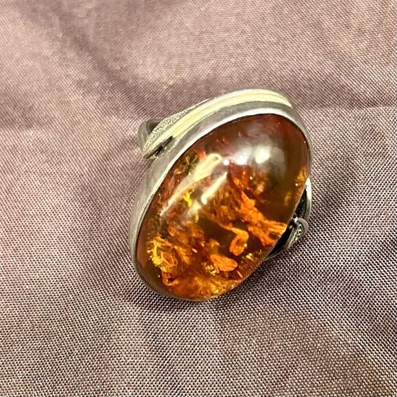 Vintage Large 925 Sterling Silver & Amber Ring Size 7.25 - Picture 9 of 12